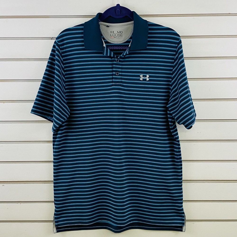 Mens M Under Armour Golf Shirt Gray Stripe Loose Fit Heat Gear Polo Short Sleeve